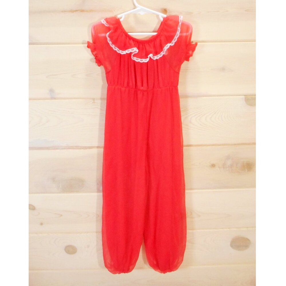 Vintage Kid’s Red Jumpsuit Girls Size 6 Nylon Ruffle Lace Holiday Valentine